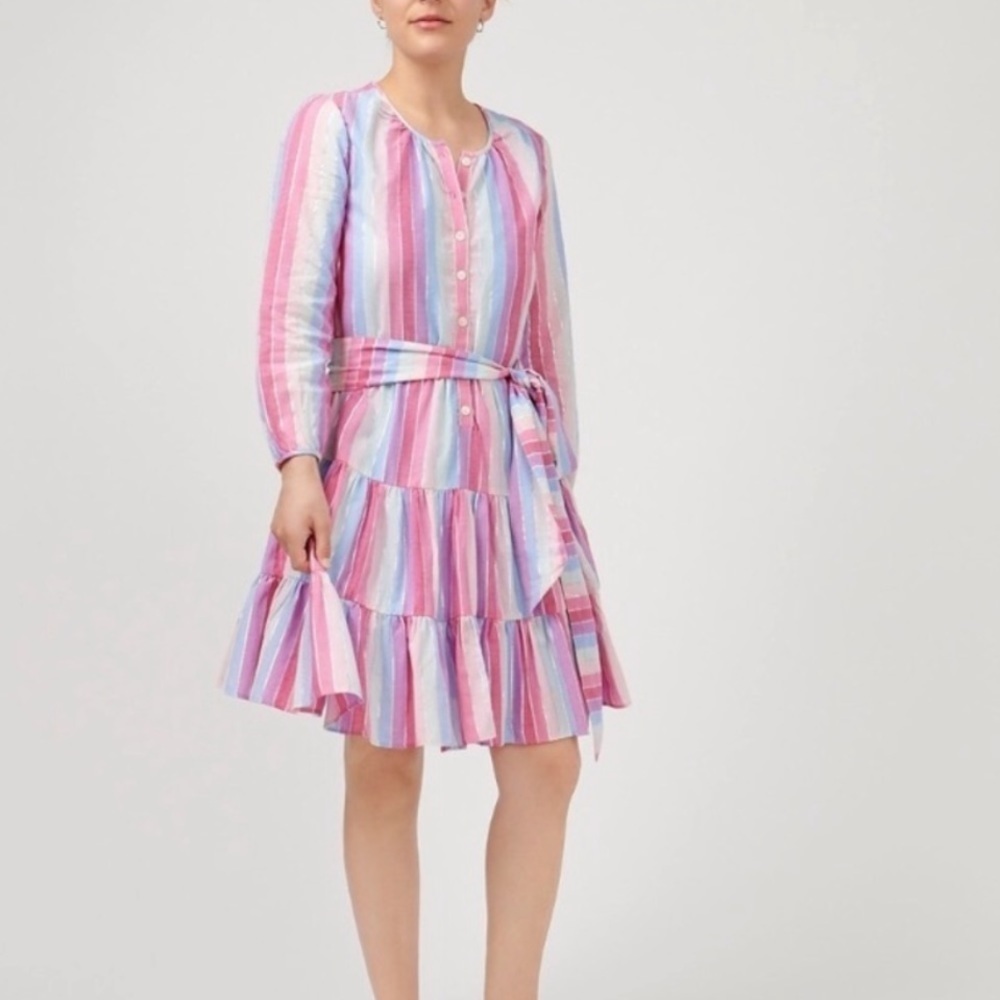 J. Crew Belted Metallic Stripe Tiered Mini Dress Medium Petite Pink Purple Blue